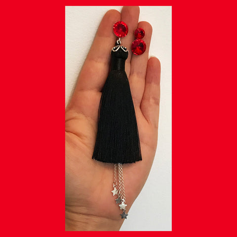 Asymmetrical Black Tassel Earrings with Sterling Silver Star Drops and Swarovski Studs