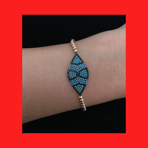 Bracelets; Blue Evil Eye Elastic Bracelet with Sterling Silver Balls