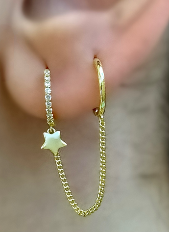 Double Huggie Earrings Connected with Chain