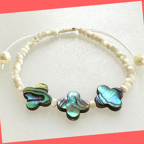 Clover Shaped Abaolone Shell and MOP Shells Beaded Bracelet