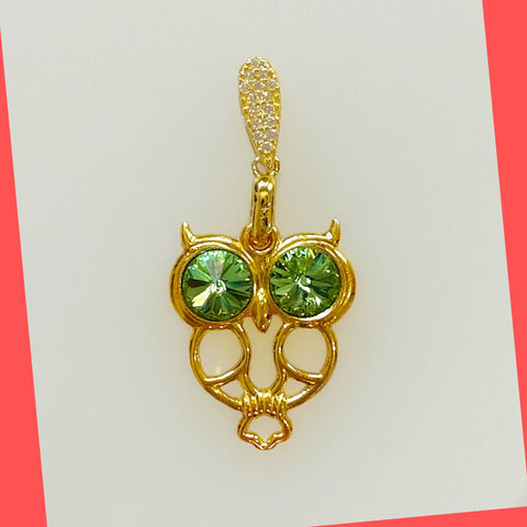 Gold Owl Pendant with Peridot Colour Swarovski Crystals