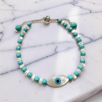 MOP Shell Evil Eye Bracelet with Turquoise Beads