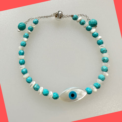 MOP Shell Evil Eye Bracelet with Turquoise Beads