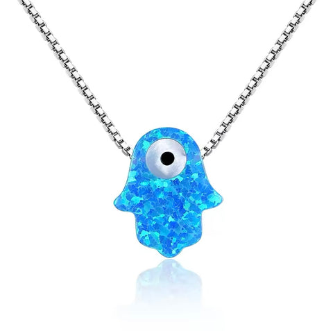 Opal Evil Eye Hamsa Hand Necklace with Sterling Silver Chain