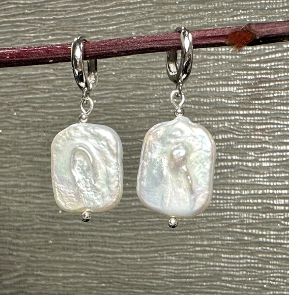 Rectangular Shaped Natural keshi Pearl Earring Hoops