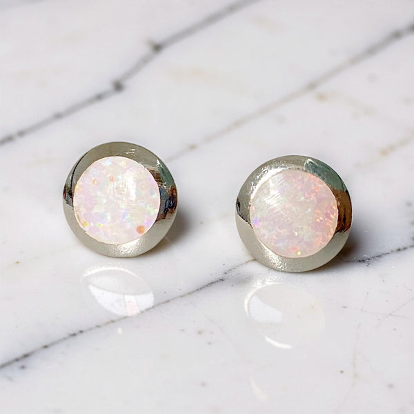 Round Sterling Silver Opal Earring Studs