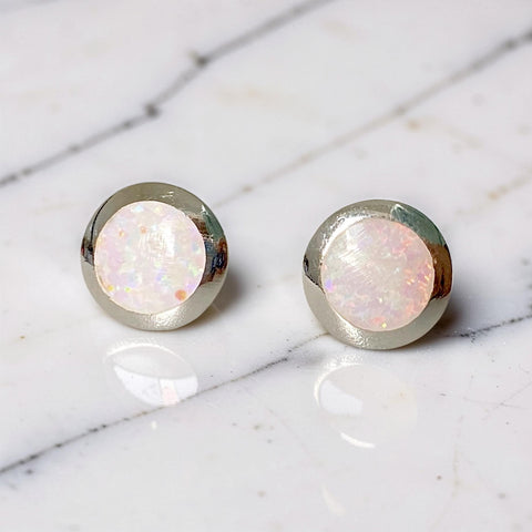 Round Sterling Silver Opal Earring Studs