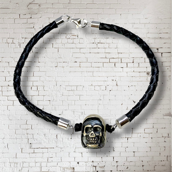 Silver Veiled Skull Bracelet with Leather Band