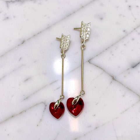 Sterling Silver Arrow Earring Studs with Swarovski Heart Crystals