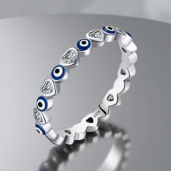 Sterling Silver Evil Eye and Heart Eternity Ring