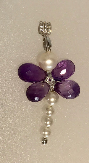 Dragonfly Pendant made with Amethyst and Pearl