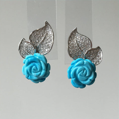 Earrings; Rose Shaped Turquoise on Leaf Studs