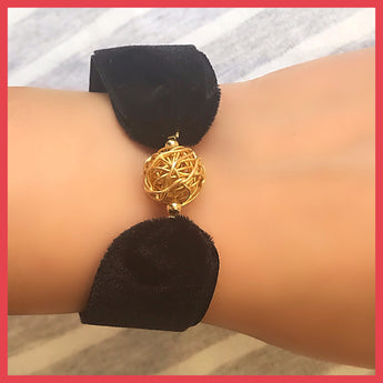 Gold Wire Ball Bracelet with Wide Velvet Ribbon Band