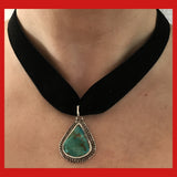 Drop Shape Persian Turqouise with Black Velvet Ribbon Chain Necklace