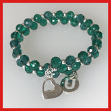"Love U" Bracelet with Green Crystals, Sterling silver Charms