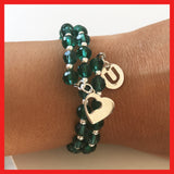 "Love U" Bracelet with Green Crystals, Sterling silver Charms