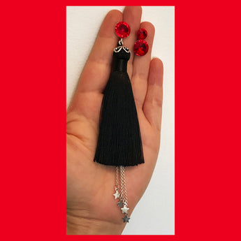 Asymmetrical Black Tassel Earrings with Sterling Silver Star Drops and Swarovski Studs