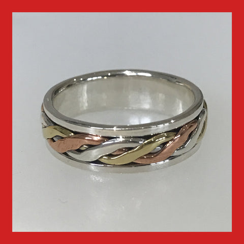 Rings; Sterling Silver Ring with Twisted Brass, Copper and Silver Spinner ring