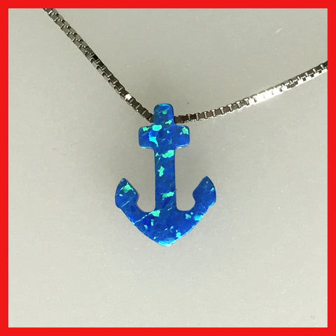 A blue opal anchor-shaped pendant on a sterling silver chain.