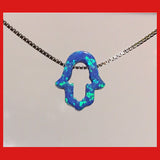 The image shows a blue opal hollow Hamsa choker necklace with a sterling silver box chain and an extension chain.