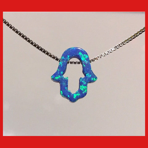The image shows a blue opal hollow Hamsa choker necklace with a sterling silver box chain and an extension chain.
