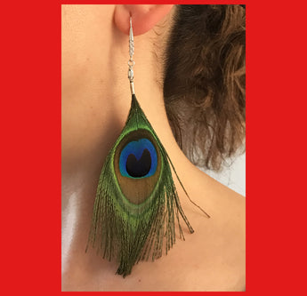 Earrings; Peacock Feather with Sterling Silver Hook