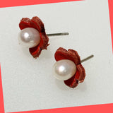 Red Daisy Earring Studs with Freshwater Pearls