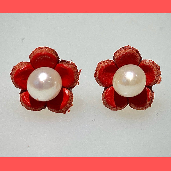 Red Daisy Earring Studs with Freshwater Pearls