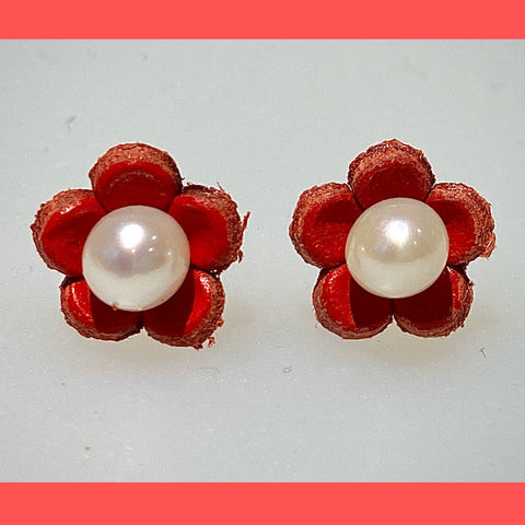 Red Daisy Earring Studs with Freshwater Pearls