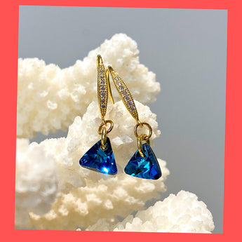 Swarovski Blue Triangle Earrings with Gold-plated Sterling Silver Hooks 