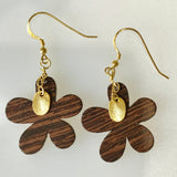 Wooden Daisey Flower with Gold-plated Silver Charm Earrings