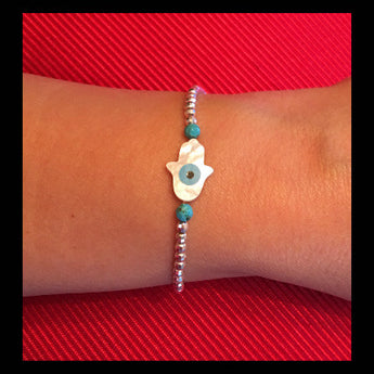 Elastic Bracelet with Pearl Hamsa and Sterling Silver beads