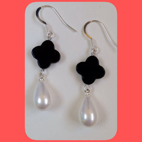 Earrings; Drop shaped mother of pearl and Clover shaped Onyx