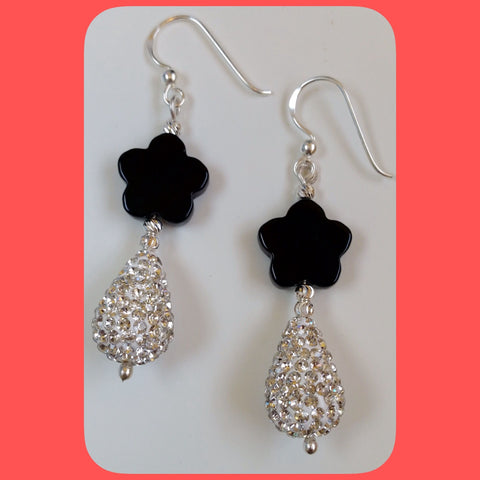 Earrings; Drop shaped shamballa and flower shaped Onyx