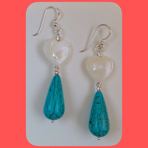 Earrings; Drop shaped Turquoise and heart shaped