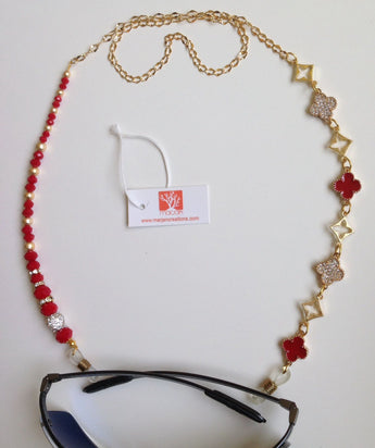 Spectacle chains; Rhinestone red clover shape