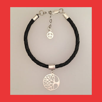 Bracelets; Tree of Life with Black Braided Leather Band