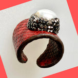 Keshi Pearl Red Leather Ring