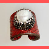 Keshi Pearl Red Leather Ring