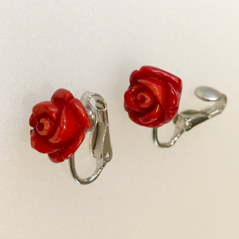 Red Rose Coral Clip on Earrings
