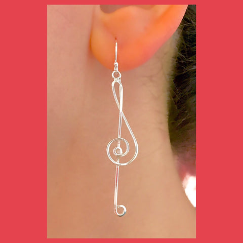 Long Silver Treble Cled Earrings