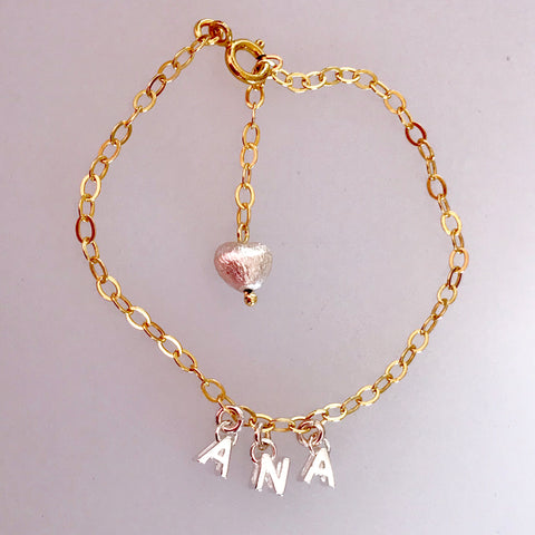 Sterling Silver Letters on Gold Chain Name Bracelet