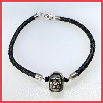 Silver Veiled Skull Bracelet with Leather Band