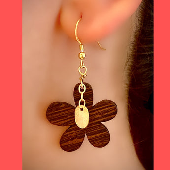 Wooden Flower with Gold-plated Silver Charm Earrings