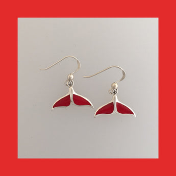 Earrings; Whale Tail with Red Resin
