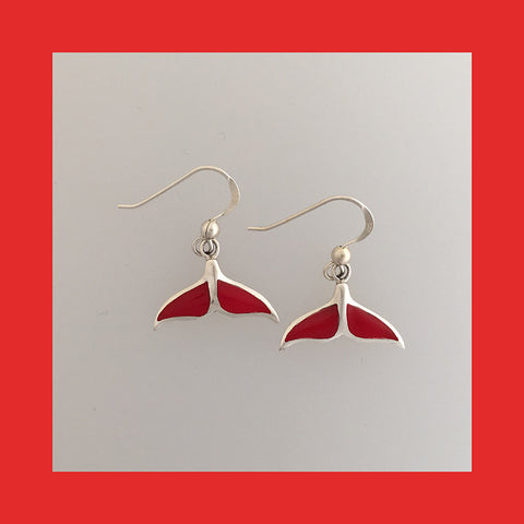 Earrings; Whale Tail with Red Resin