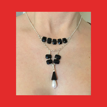 Necklaces; Black Swarovski Crystals with Drop Pearl