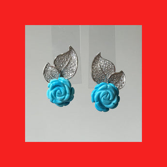 Earrings; Rose Shaped Turquoise on Leaf Stud