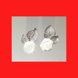 Earrings; Rose Shaped Mother of Pearl on Leaves Stud