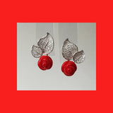 Earrings; Rose Shaped Coral on Leaf stud